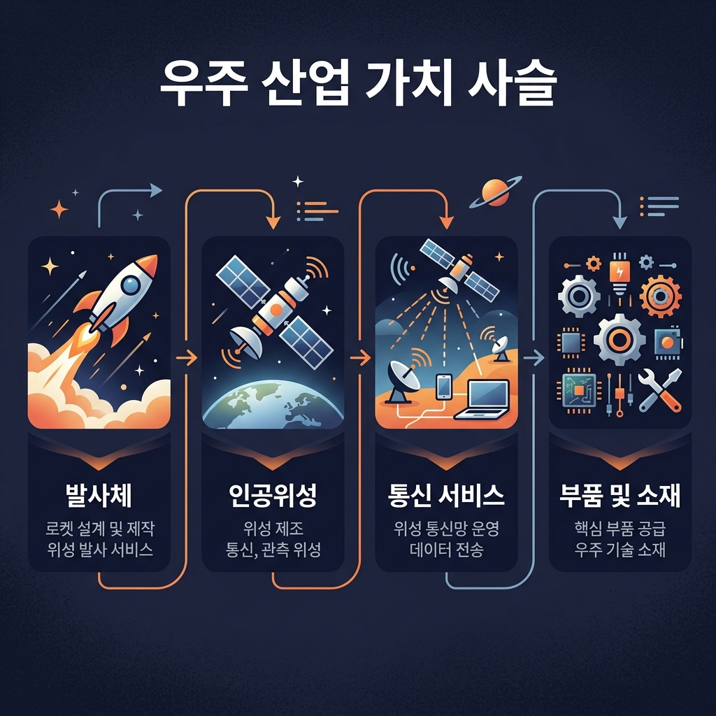 우주항공 산업을 발사체·위성·위성통신·부품 네 단계로 구분한 도식