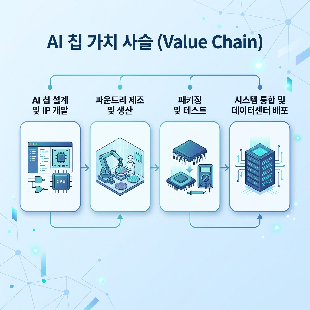 AI 반도체 밸류체인을 설계·메모리·후공정·장비 네 단계로 구분한 도식