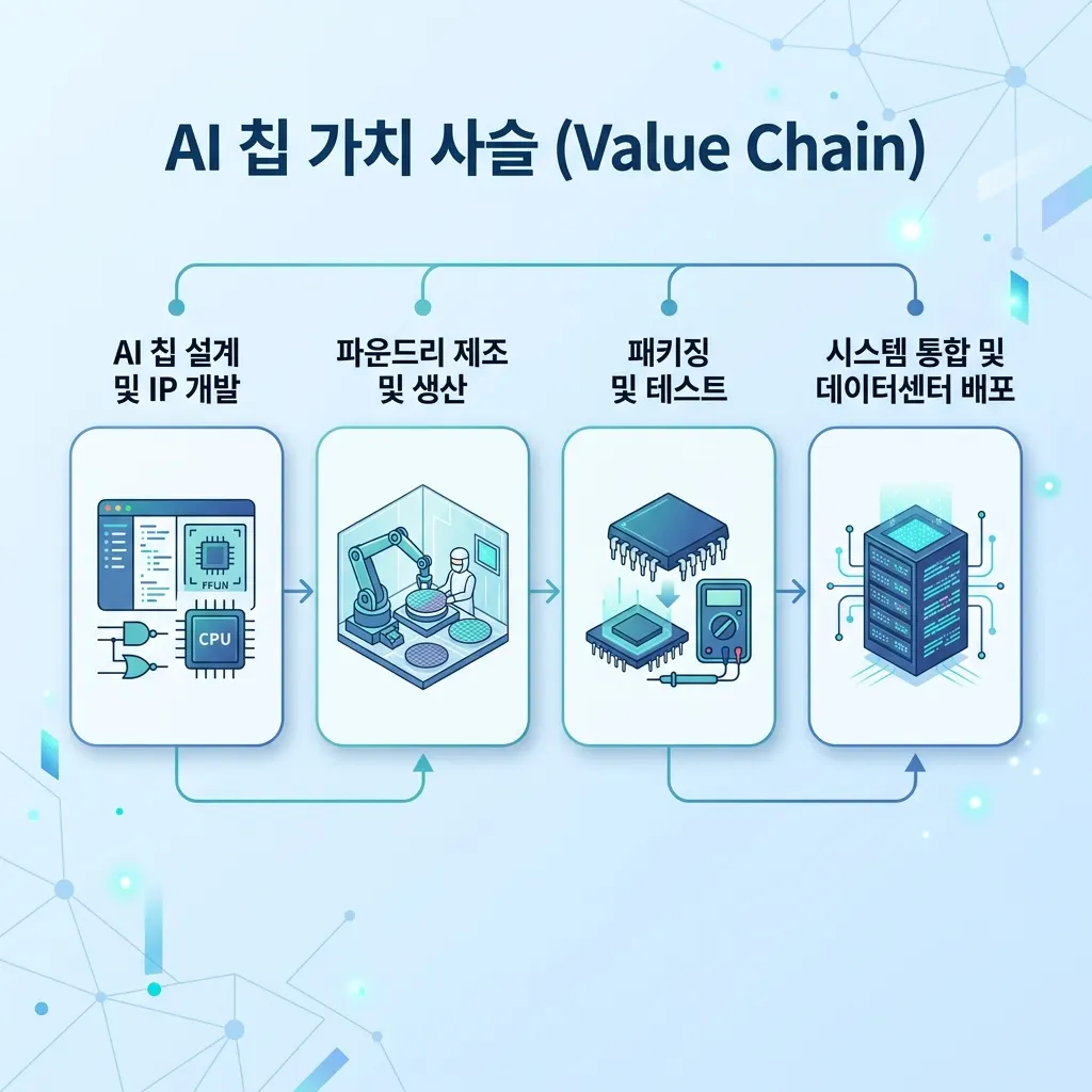 AI 반도체 밸류체인을 설계·메모리·후공정·장비 네 단계로 구분한 도식