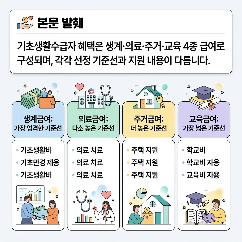 기초생활수급자 생계·의료·주거·교육 급여 4종의 선정 기준선과 지원 내용을 비교한 도식