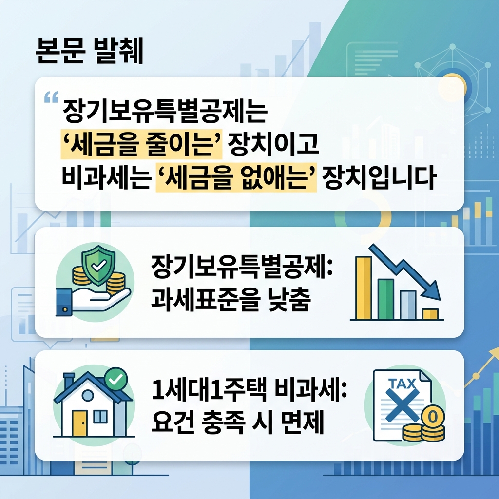 장기보유특별공제와 1세대1주택 비과세 절세 전략 비교 도식