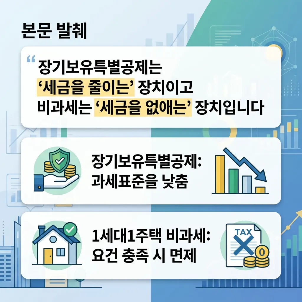 장기보유특별공제와 1세대1주택 비과세 절세 전략 비교 도식