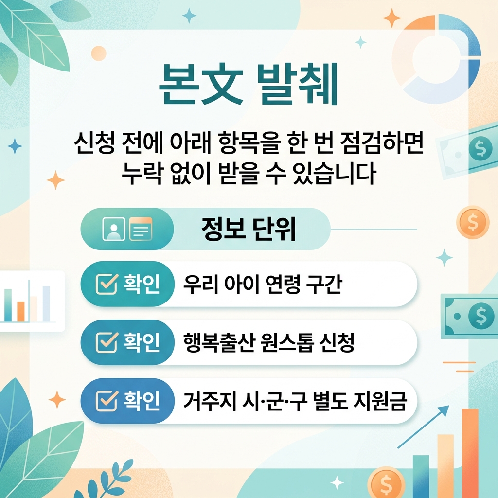 출산 지원금 신청 전 확인해야 할 항목을 정리한 체크리스트 도식