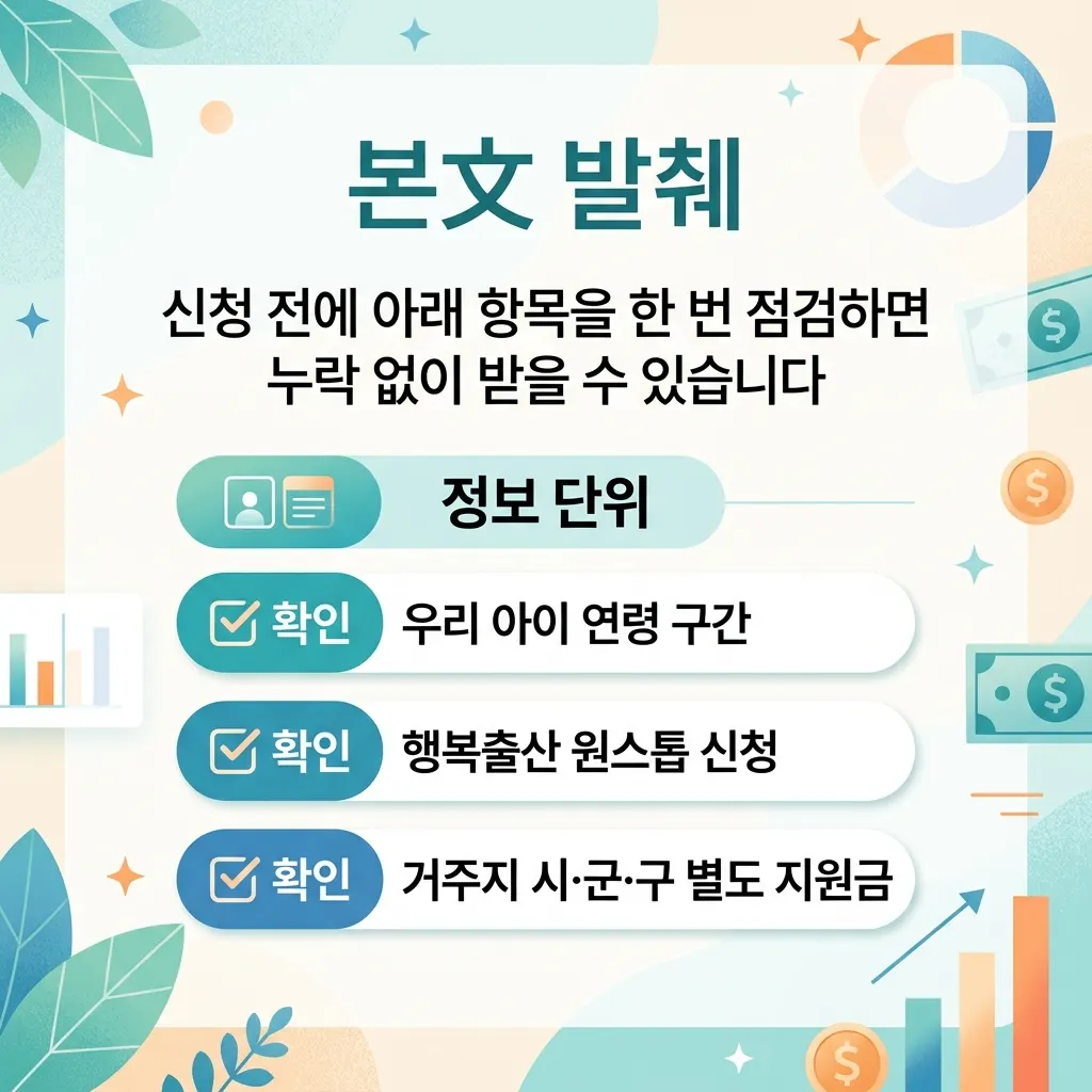 출산 지원금 신청 전 확인해야 할 항목을 정리한 체크리스트 도식