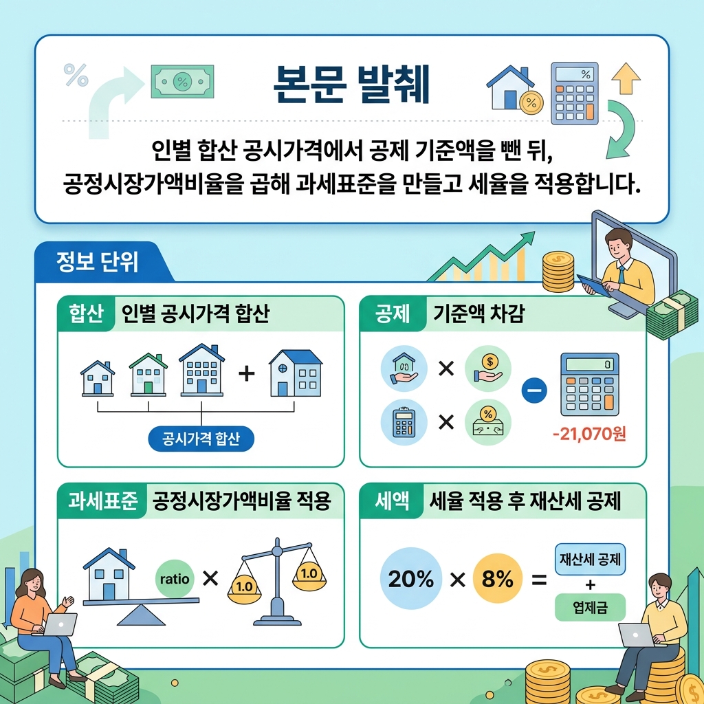 종부세 계산 단계를 공시가격 합산 공제 과세표준 세액 순으로 나열한 도식