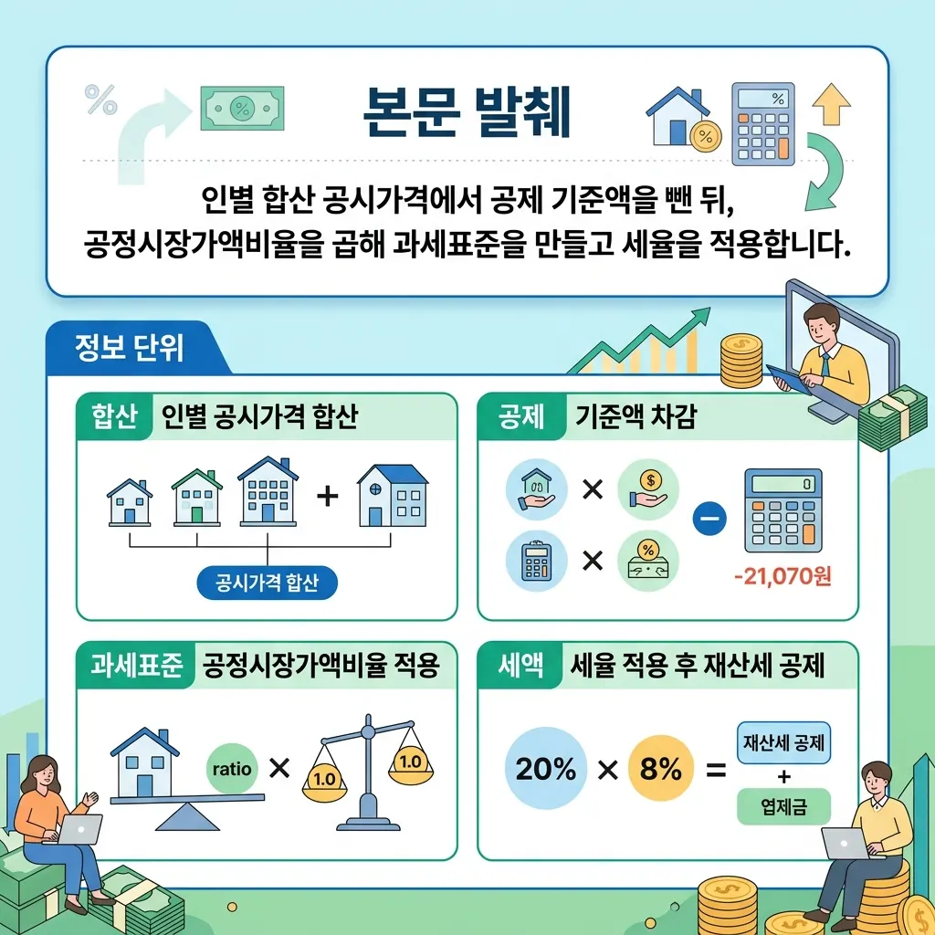종부세 계산 단계를 공시가격 합산 공제 과세표준 세액 순으로 나열한 도식