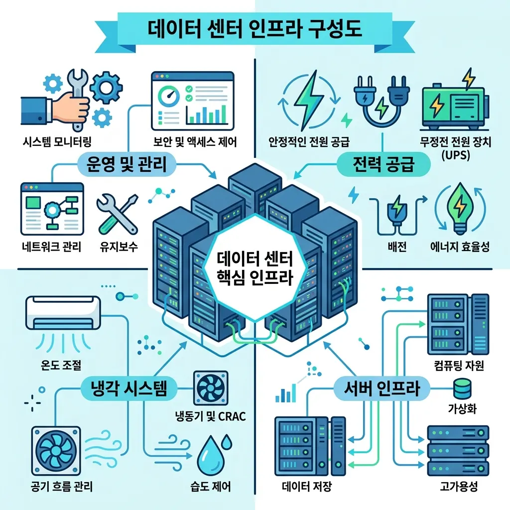 데이터센터를 운영·전력·냉각·서버 네 인프라로 구분한 도식