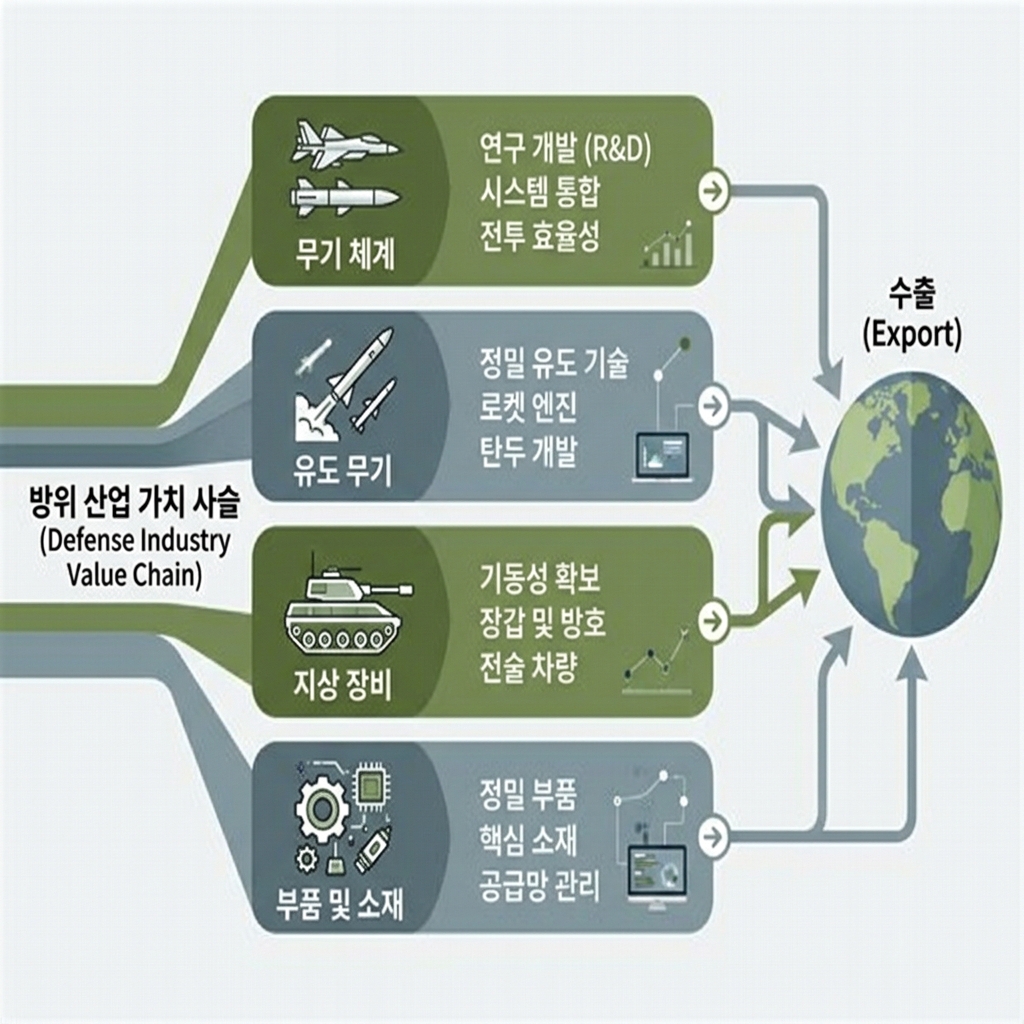 방산 산업을 완성 무기체계·유도무기·지상장비·부품 네 갈래로 구분한 도식