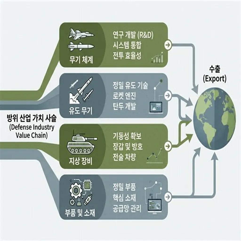 방산 산업을 완성 무기체계·유도무기·지상장비·부품 네 갈래로 구분한 도식
