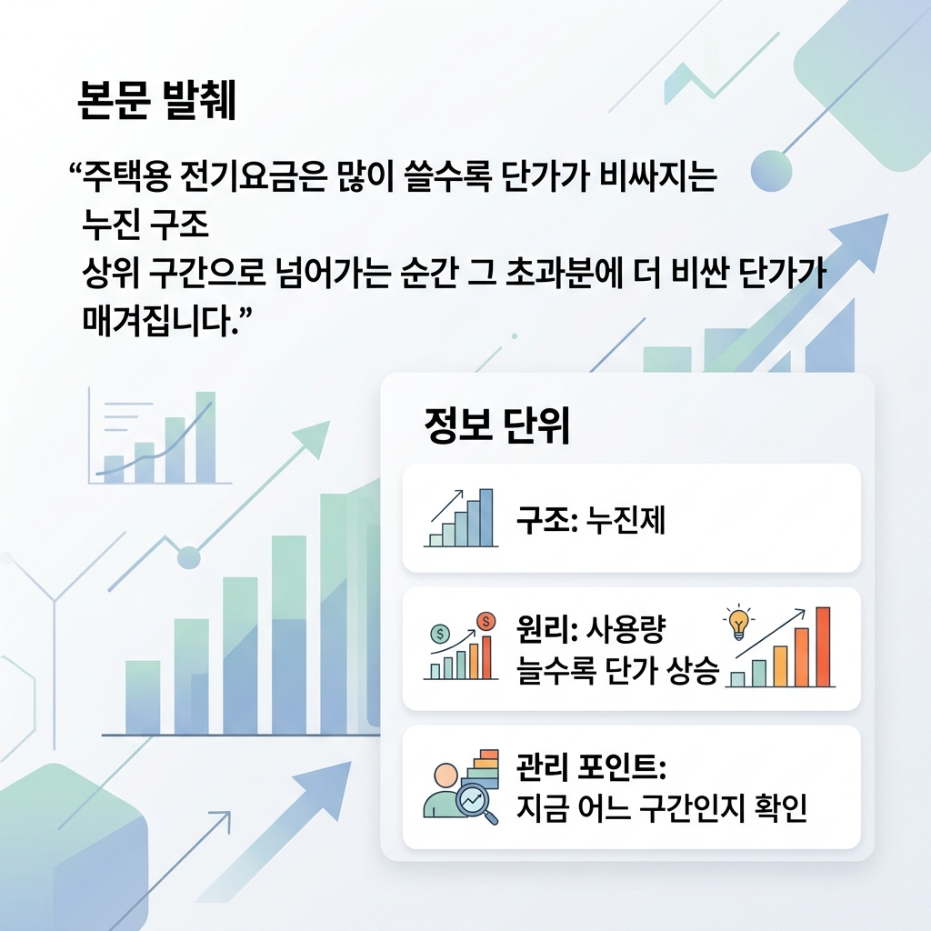 전기요금 누진제 구조와 사용량 구간이 올라갈수록 단가가 비싸지는 원리를 보여주는 도식