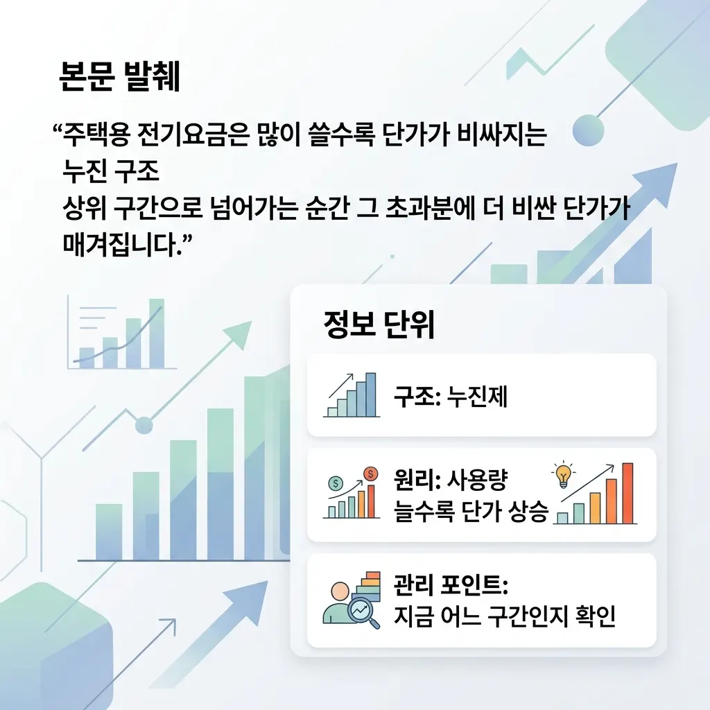 전기요금 누진제 구조와 사용량 구간이 올라갈수록 단가가 비싸지는 원리를 보여주는 도식