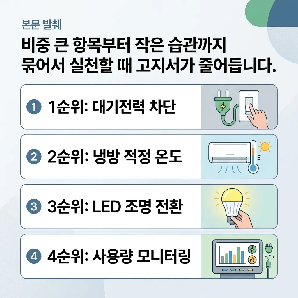 대기전력 차단부터 고효율 가전까지 전기요금 절약 실천 방법을 단계로 정리한 도식