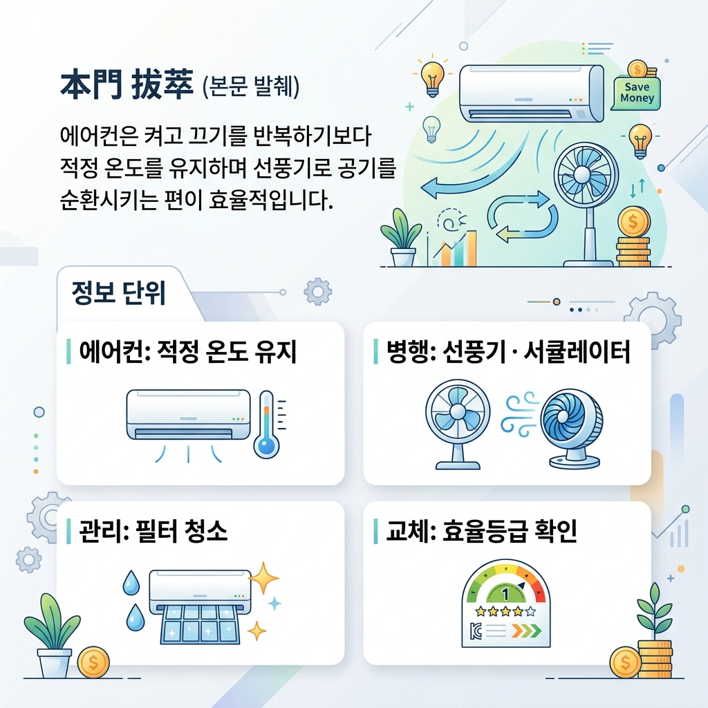 에어컨 적정 온도와 선풍기 병행 등 냉방 효율을 높이는 사용법을 정리한 도식