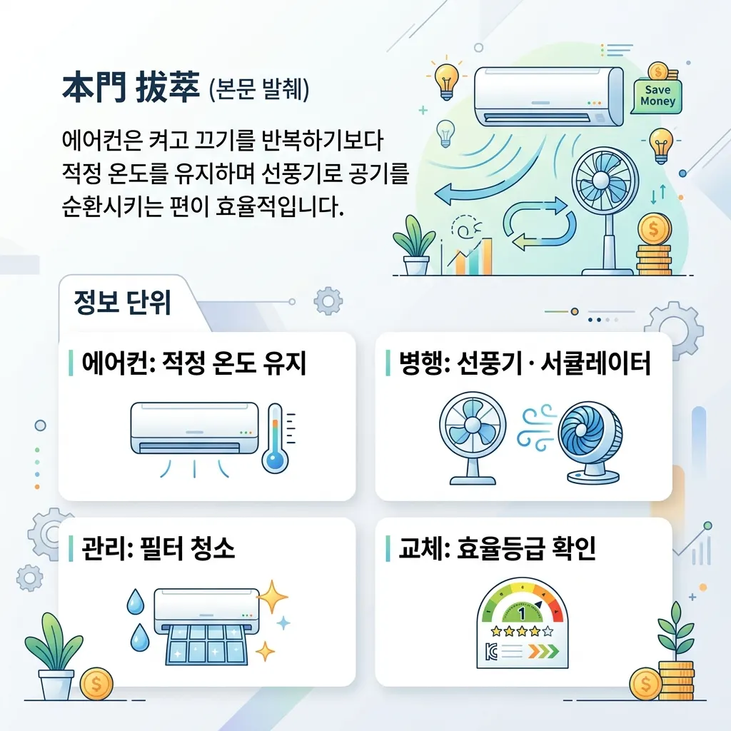 에어컨 적정 온도와 선풍기 병행 등 냉방 효율을 높이는 사용법을 정리한 도식