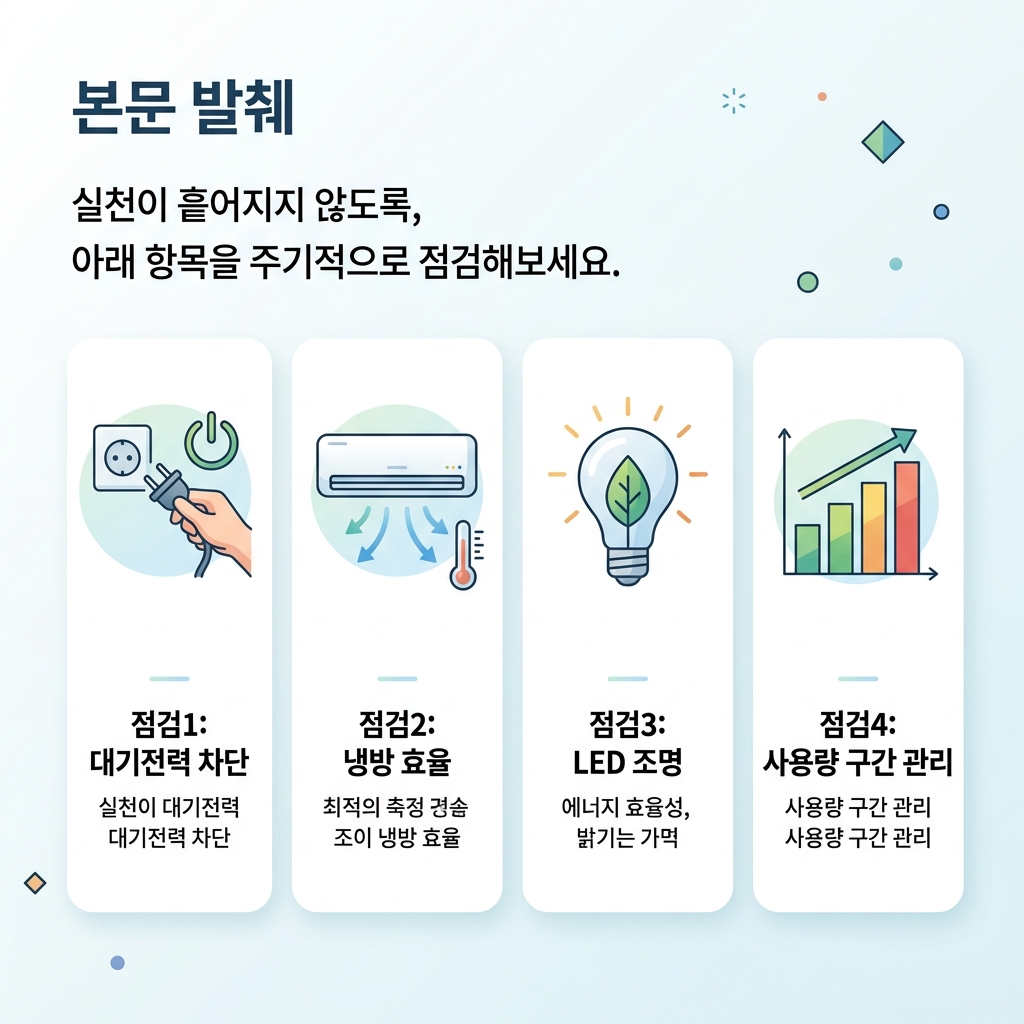 대기전력·냉방·조명·사용량 점검 등 전기요금 절약 체크리스트를 정리한 도식