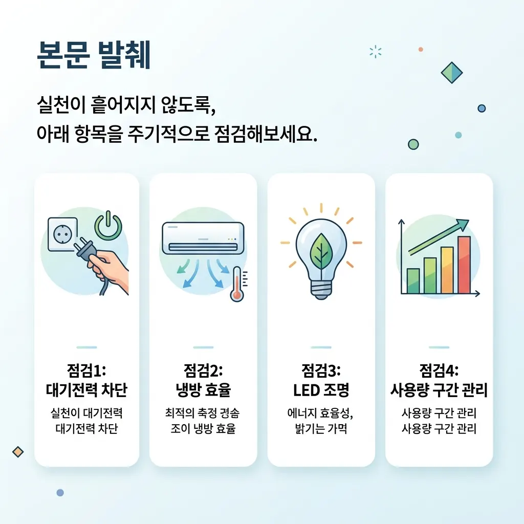 대기전력·냉방·조명·사용량 점검 등 전기요금 절약 체크리스트를 정리한 도식