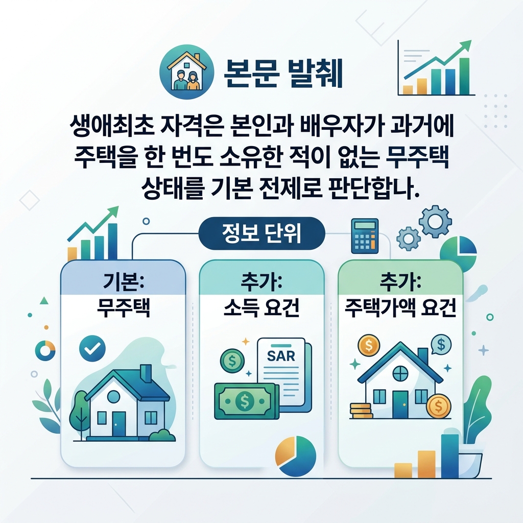 생애최초 자격 판단의 핵심 축인 무주택 여부와 소득 요건, 주택가액 요건을 정리한 도식