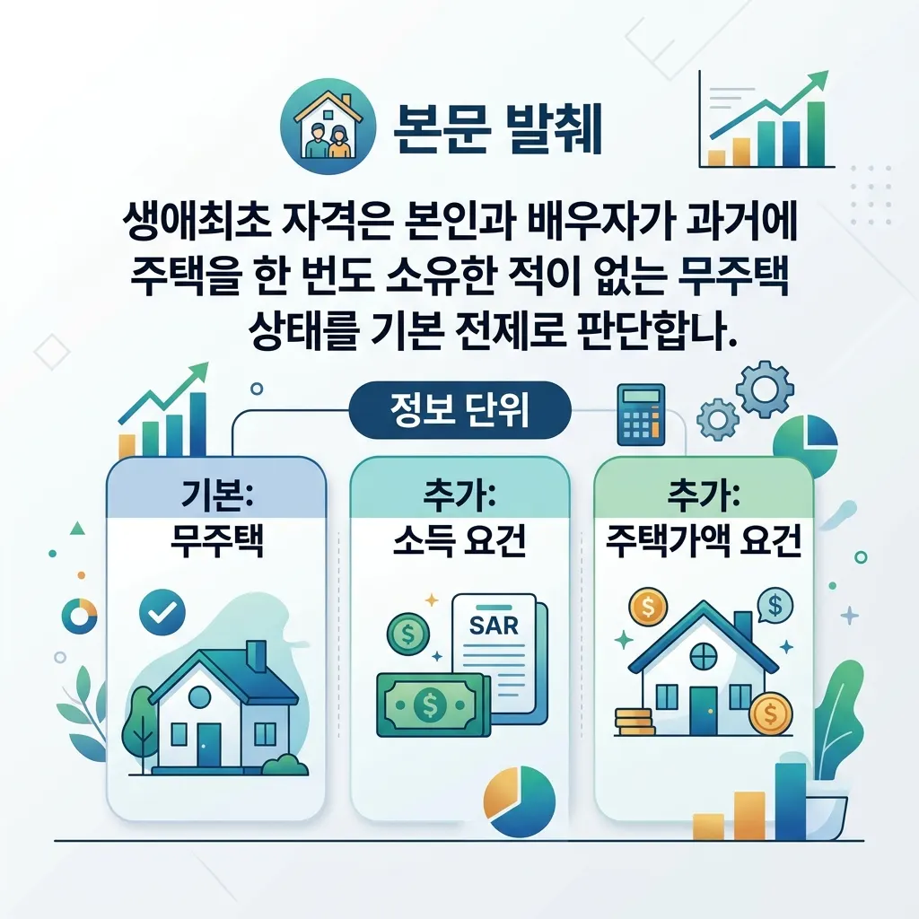 생애최초 자격 판단의 핵심 축인 무주택 여부와 소득 요건, 주택가액 요건을 정리한 도식