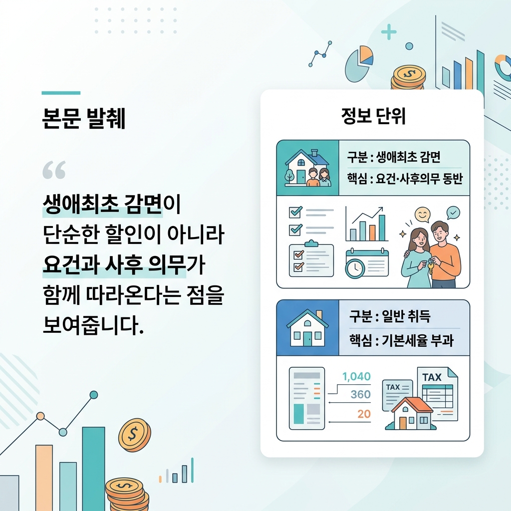 생애최초 감면과 일반 취득의 과세 방향과 사후 의무 차이를 비교한 도식