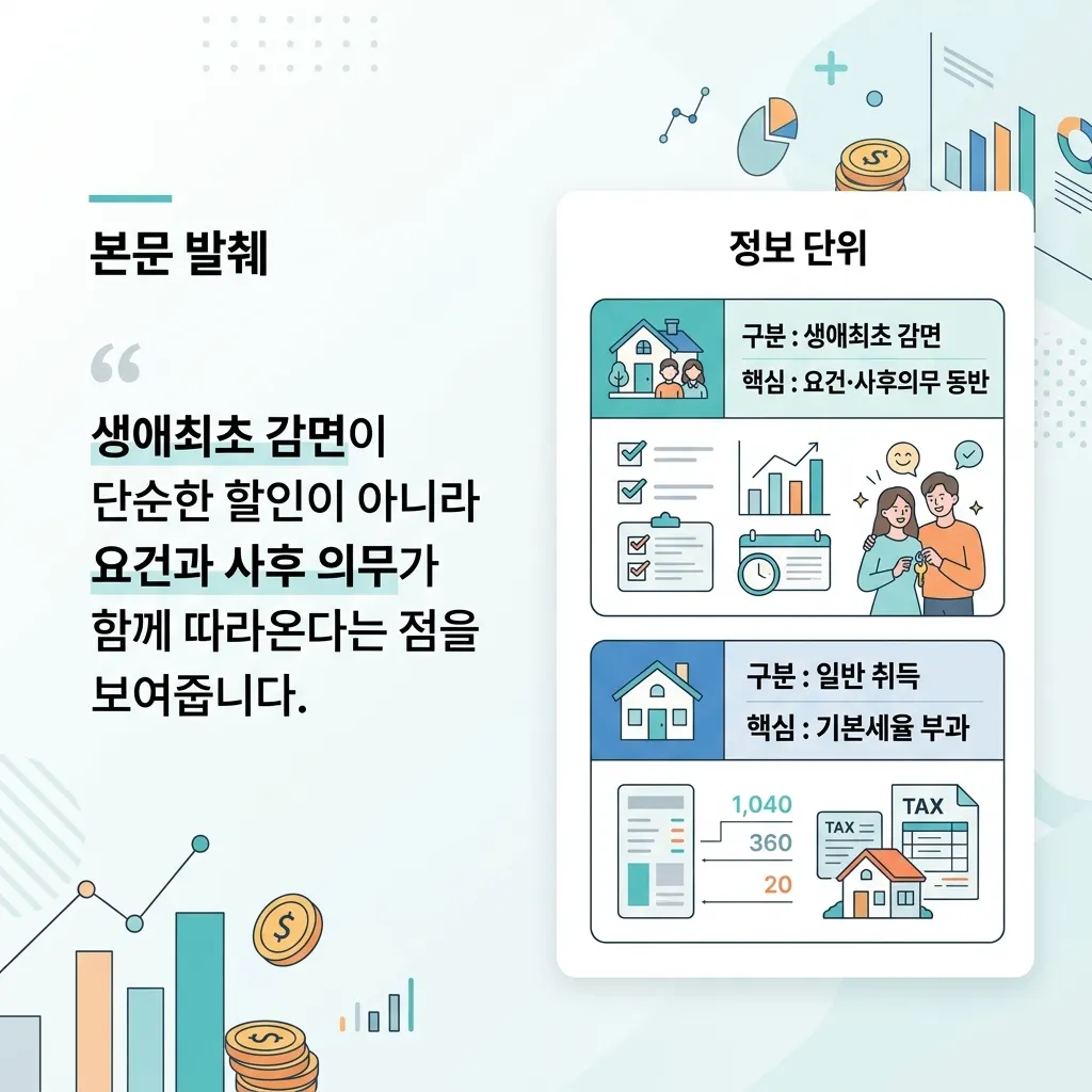 생애최초 감면과 일반 취득의 과세 방향과 사후 의무 차이를 비교한 도식
