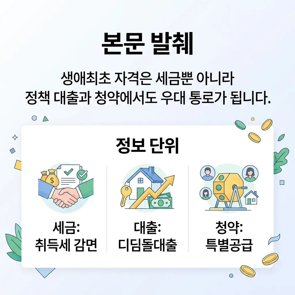 생애최초 취득세 감면과 디딤돌대출, 특별공급으로 이어지는 주택 혜택 항목을 정리한 도식