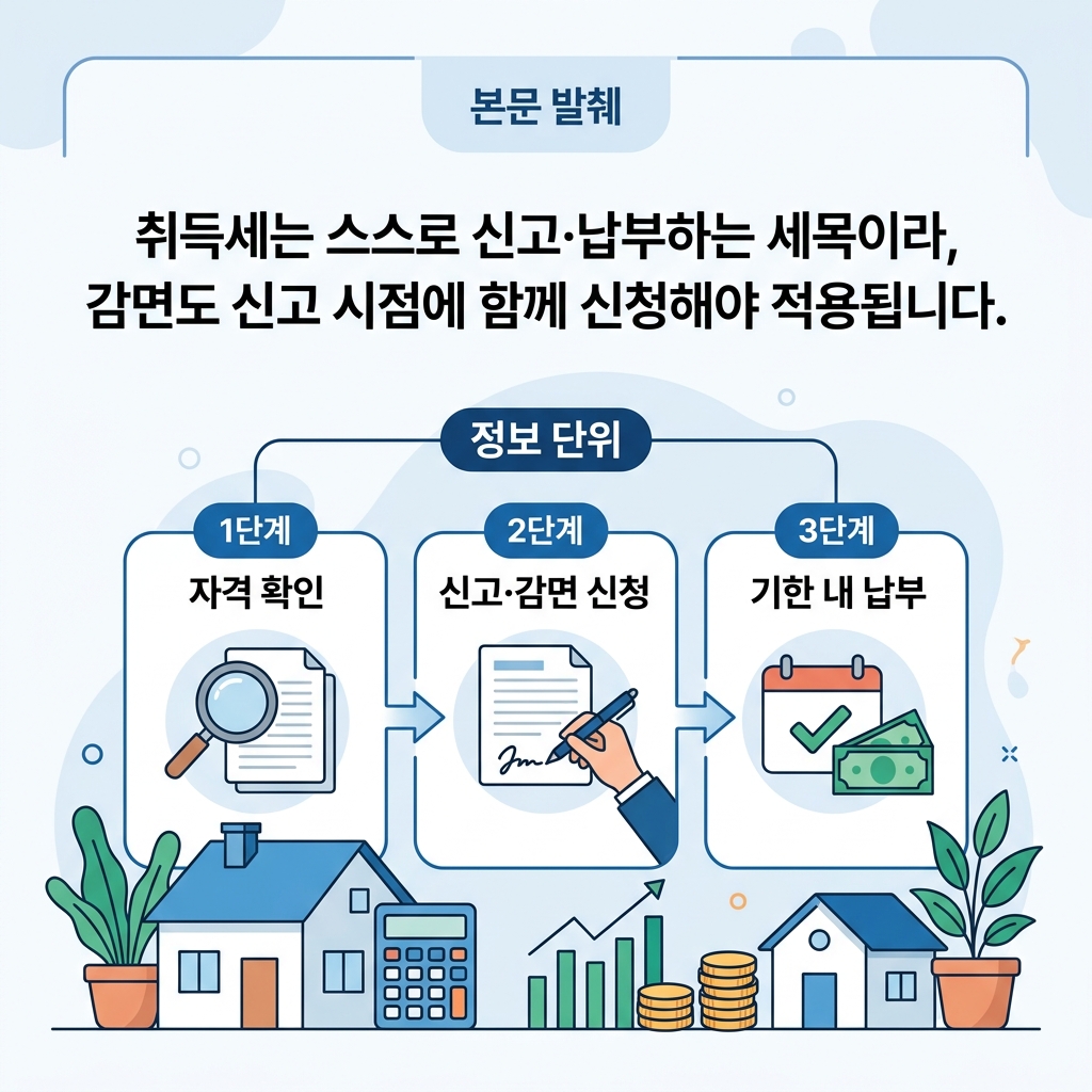 자격 확인부터 신고와 감면 신청, 기한 내 납부까지 생애최초 취득세 감면 절차를 단계로 정리한 도식