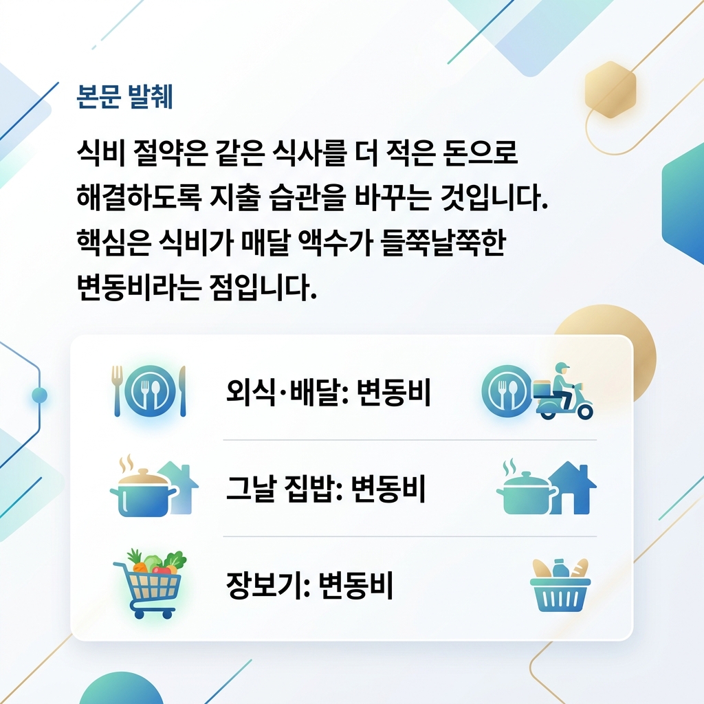 식비를 외식 배달 장보기 항목으로 나눠 변동비 절약 포인트를 정리한 구조도