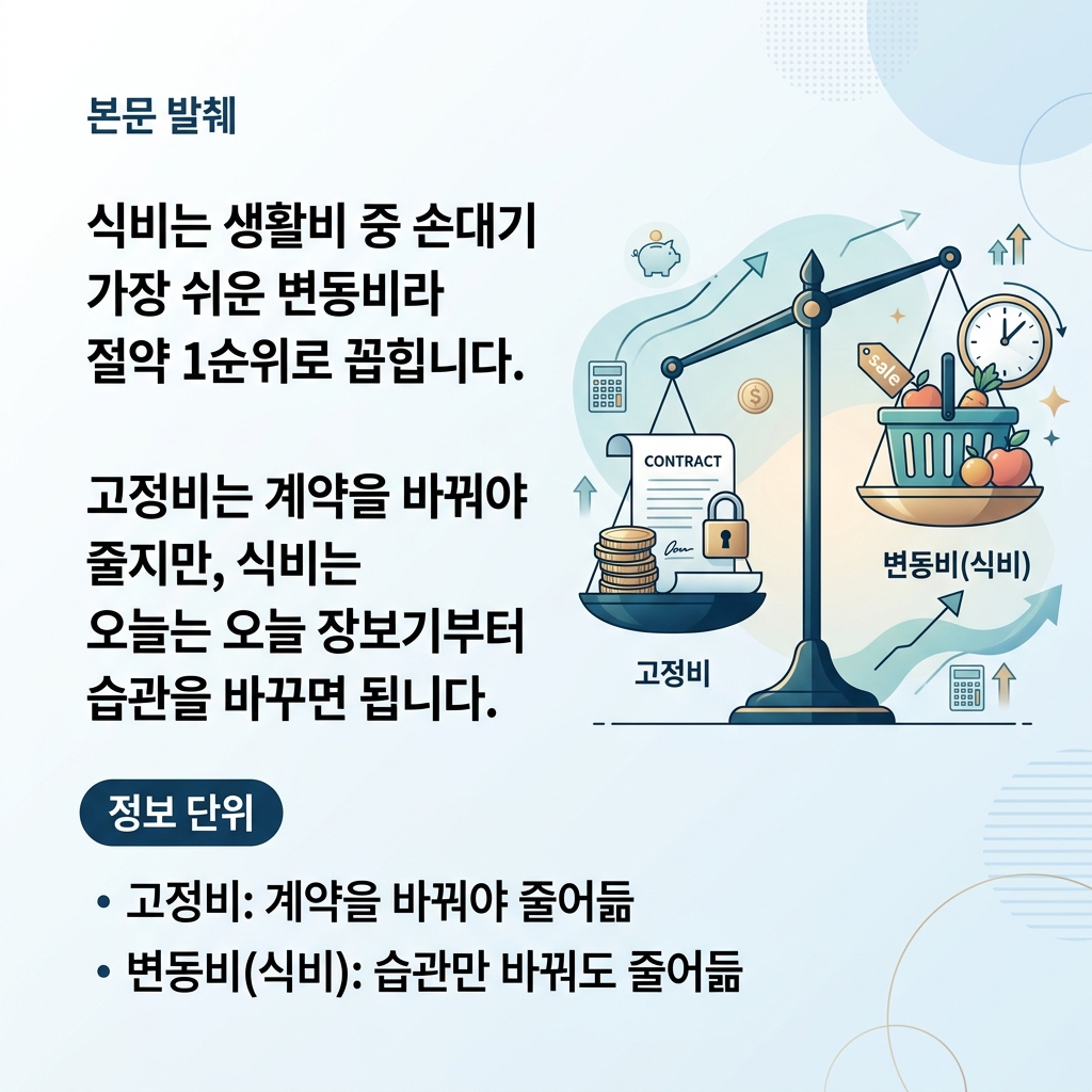 고정비와 달리 식비는 습관을 바꾸면 바로 줄어드는 변동비임을 보여주는 비교 도식