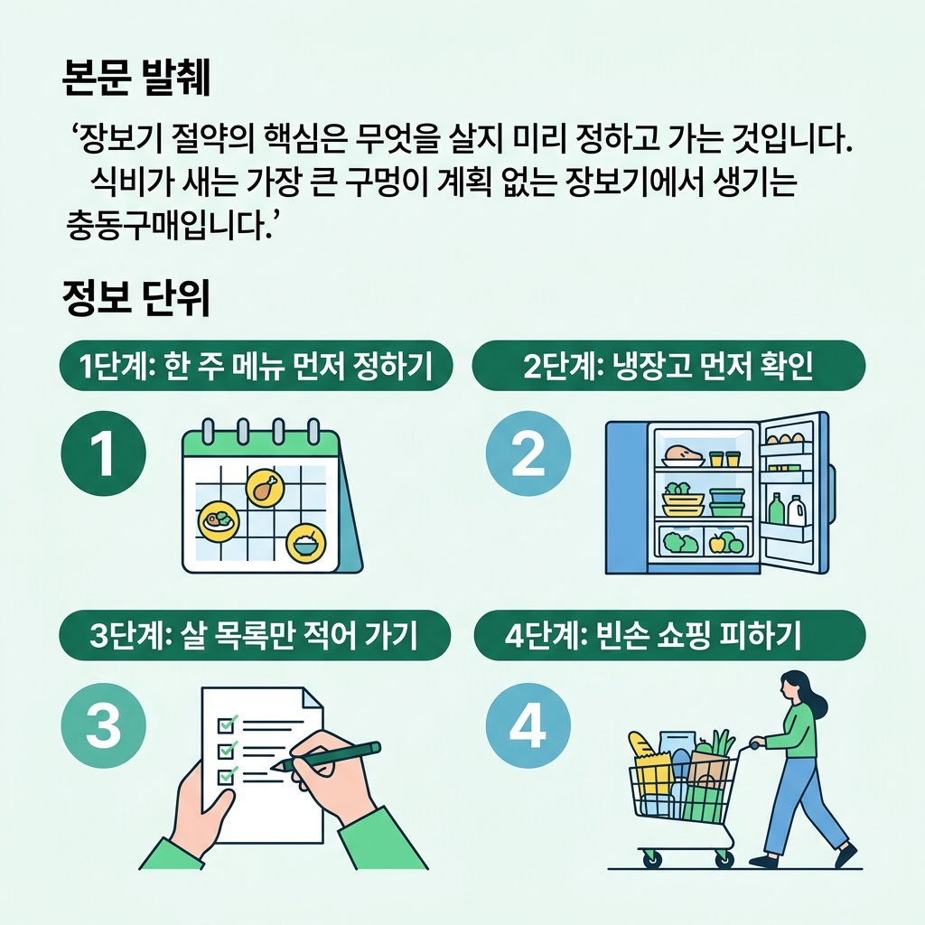 메뉴 정하기 목록 작성 빈손 쇼핑 금지 등 충동구매를 줄이는 장보기 습관 순서도
