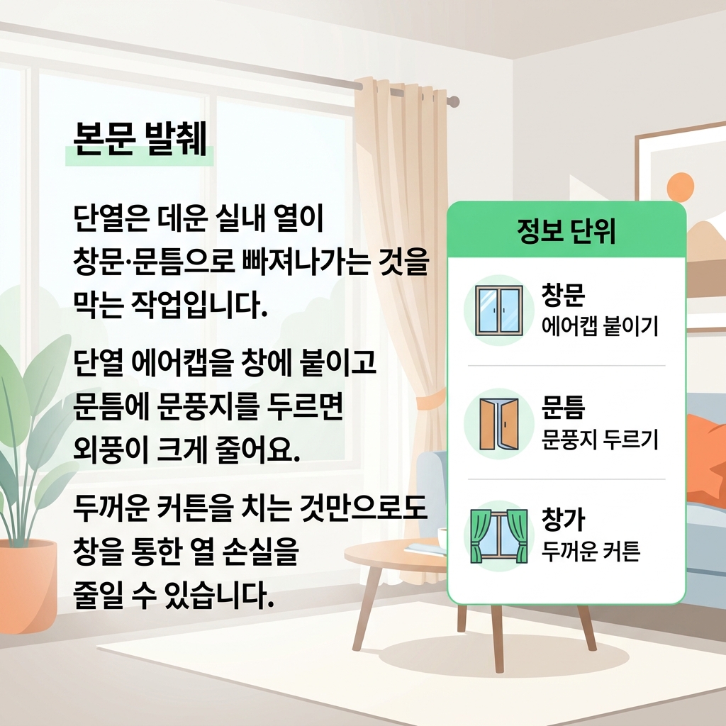창문 에어캡과 문풍지, 두꺼운 커튼으로 외풍을 막는 겨울철 단열 방법 도식
