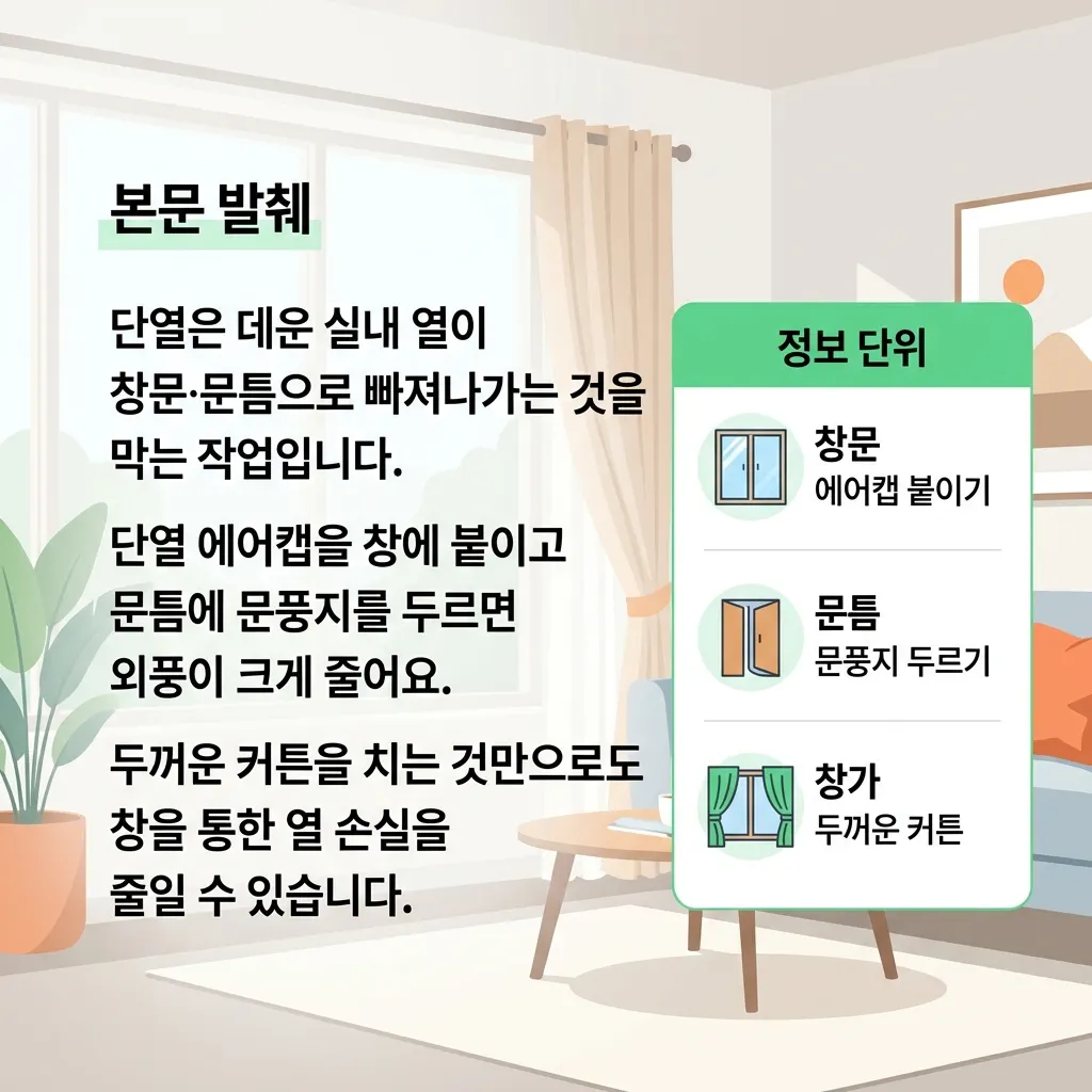 창문 에어캡과 문풍지, 두꺼운 커튼으로 외풍을 막는 겨울철 단열 방법 도식
