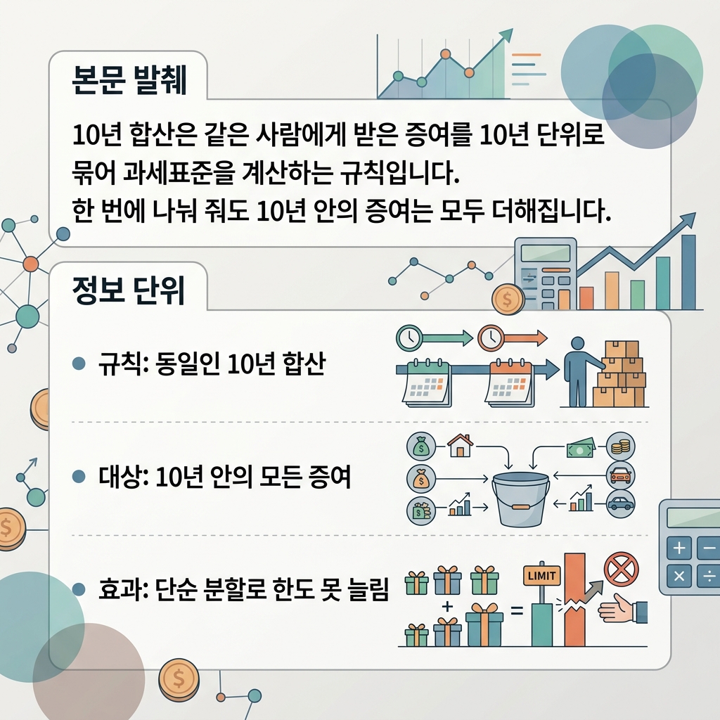 동일인에게 10년 안에 받은 증여를 합산해 과세표준을 계산하는 10년 합산 원칙을 정리한 도식