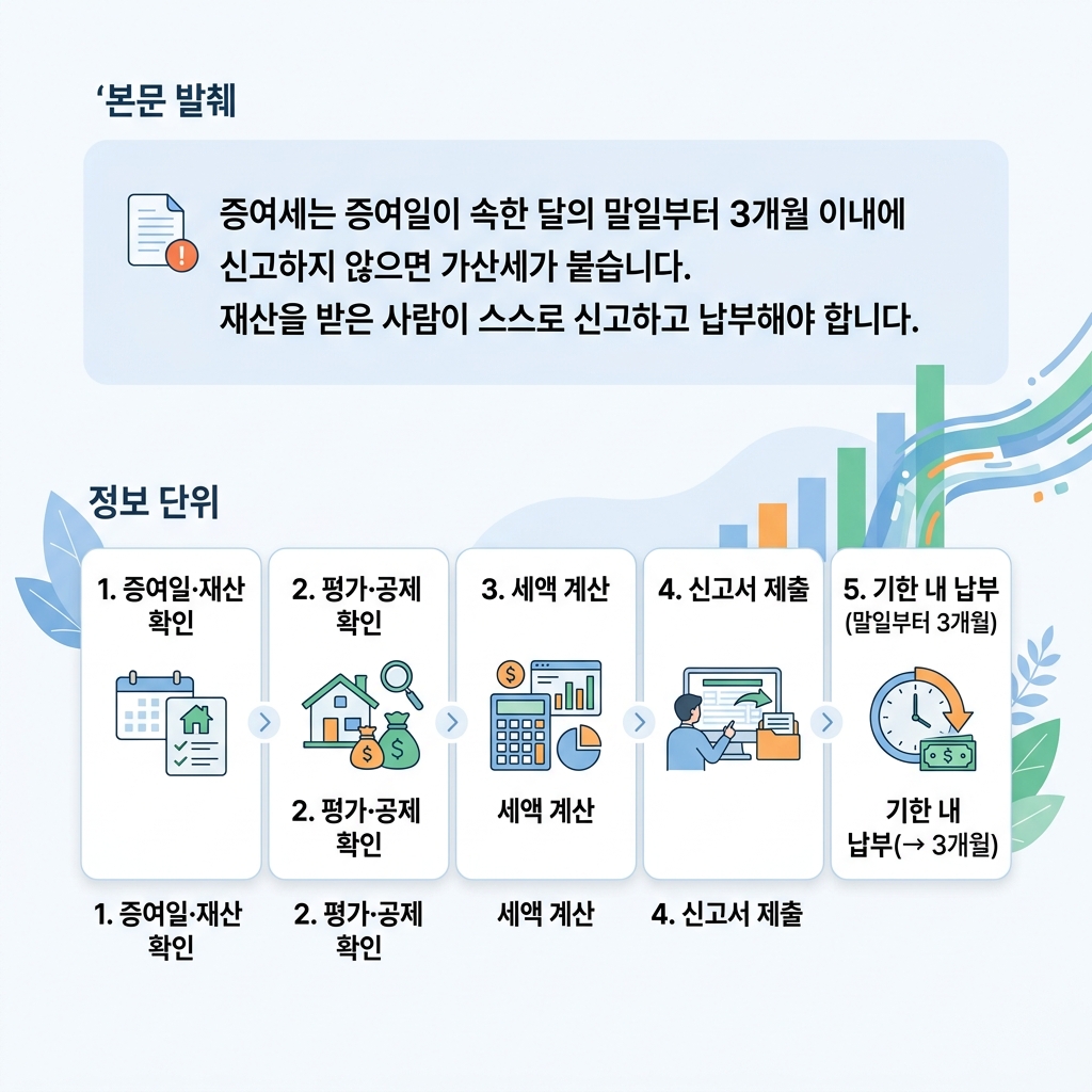 증여일 확인부터 재산 평가 세액 계산 신고서 제출과 기한 내 납부까지 증여세 신고 절차를 단계로 정리한 도식