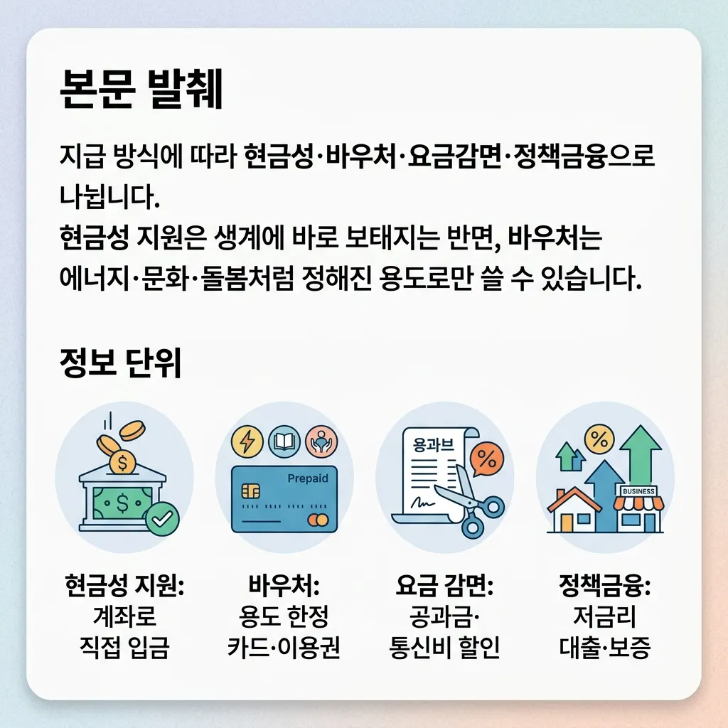 정부 지원금을 현금성, 바우처, 요금 감면, 정책금융 네 유형으로 분류한 도식
