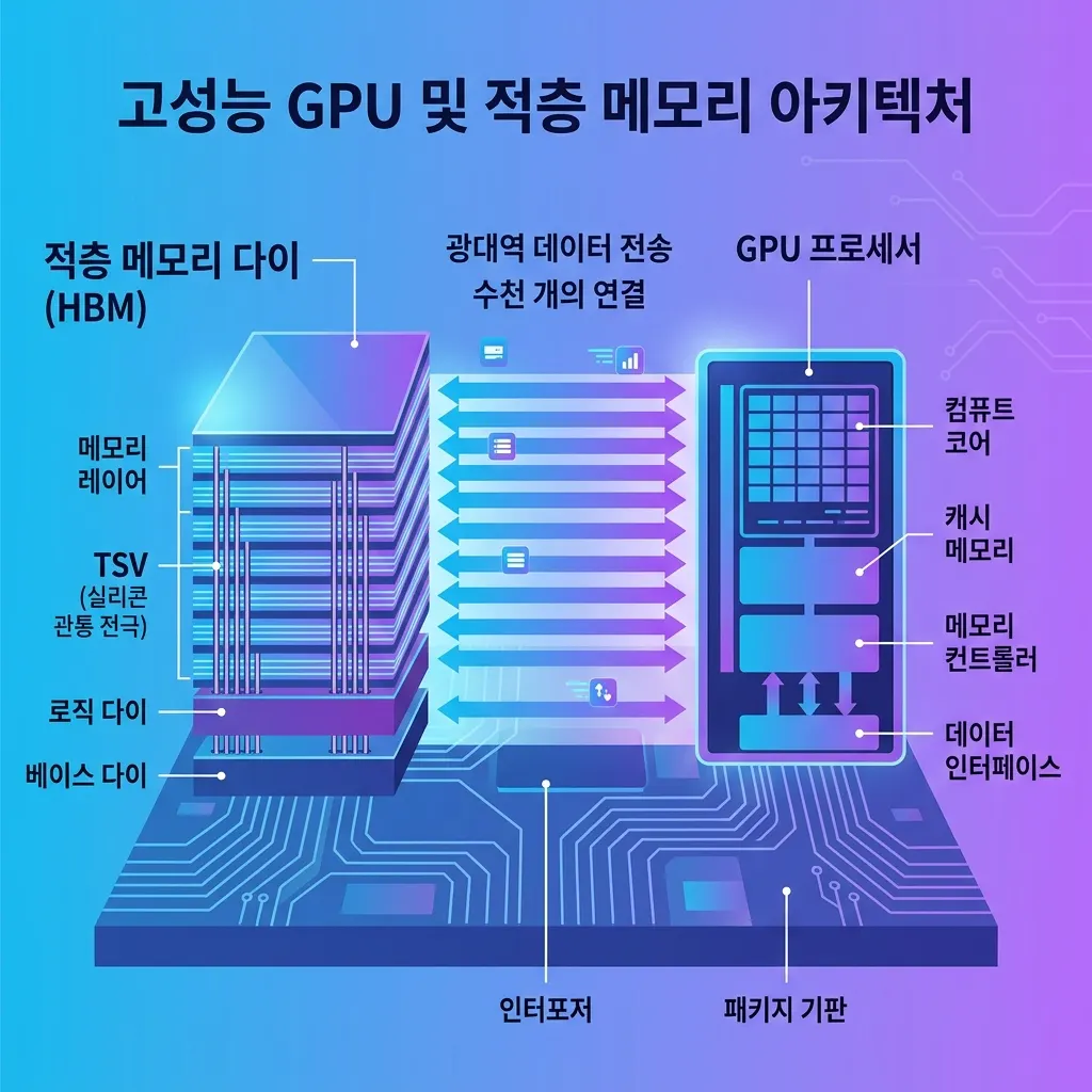 HBM이 GPU 옆에 쌓여 데이터를 빠르게 전달하는 구조를 표현한 도식
