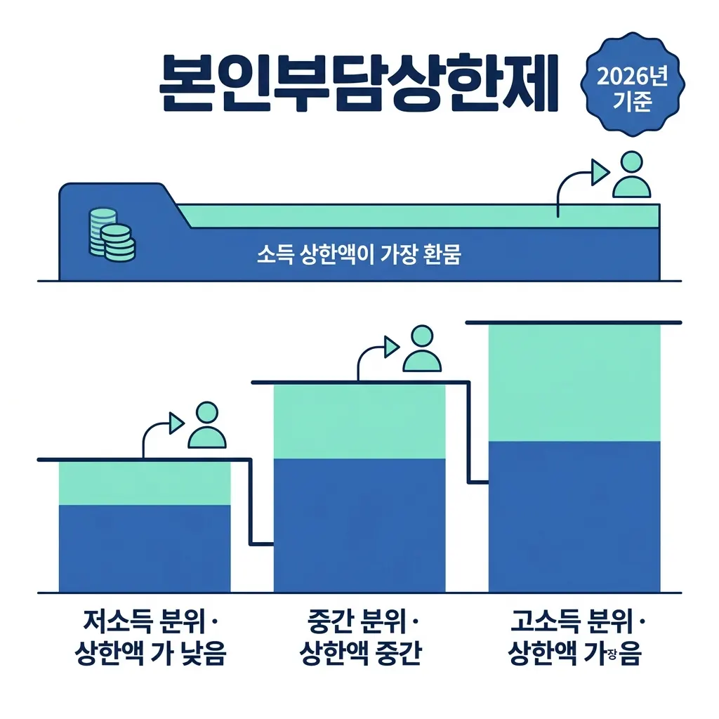 본인부담상한제 소득분위별 상한액 구조와 초과분 환급 흐름을 보여주는 안내 그림