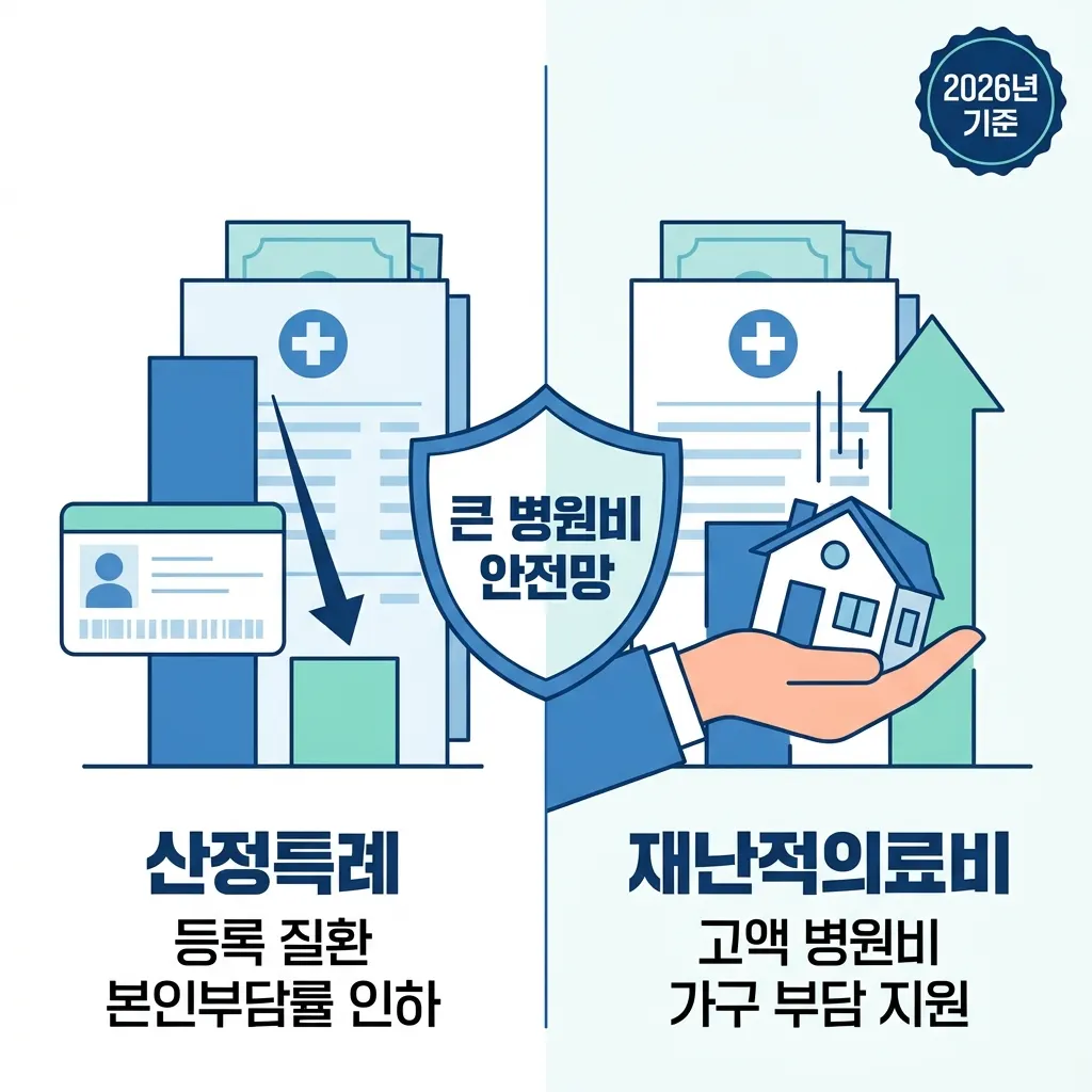산정특례와 재난적의료비 지원이 큰 병원비를 막아주는 구조를 설명한 그림