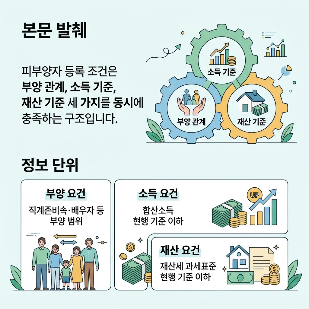 건강보험 피부양자 소득 재산 부양 세 가지 자격 요건 구조도