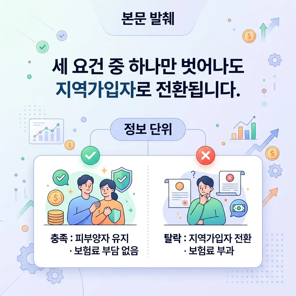 피부양자 자격 충족과 지역가입자 전환 탈락의 갈림길 비교 도식