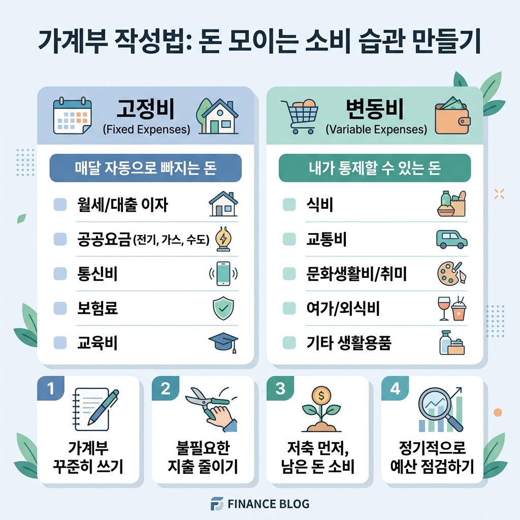가계부 작성법의 핵심인 고정비와 변동비 분류 구조를 정리한 도식