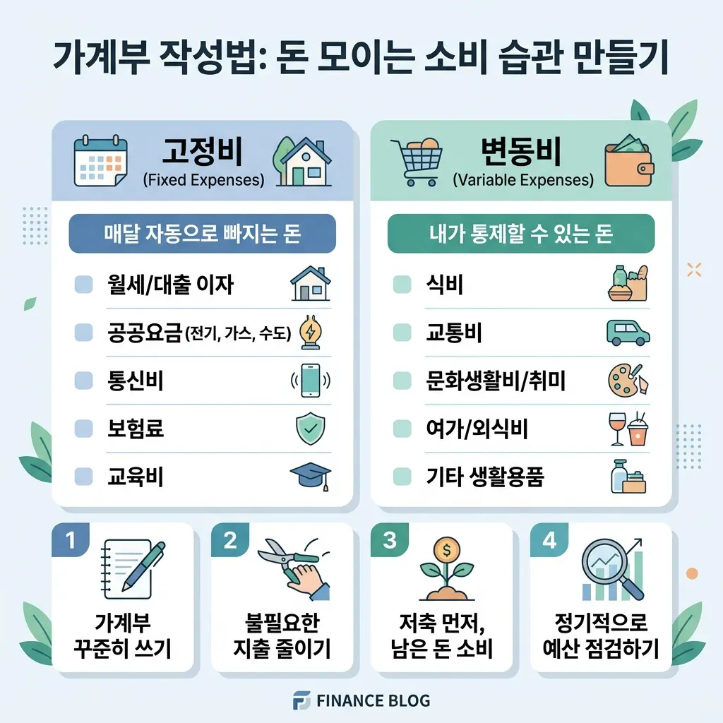 가계부 작성법의 핵심인 고정비와 변동비 분류 구조를 정리한 도식