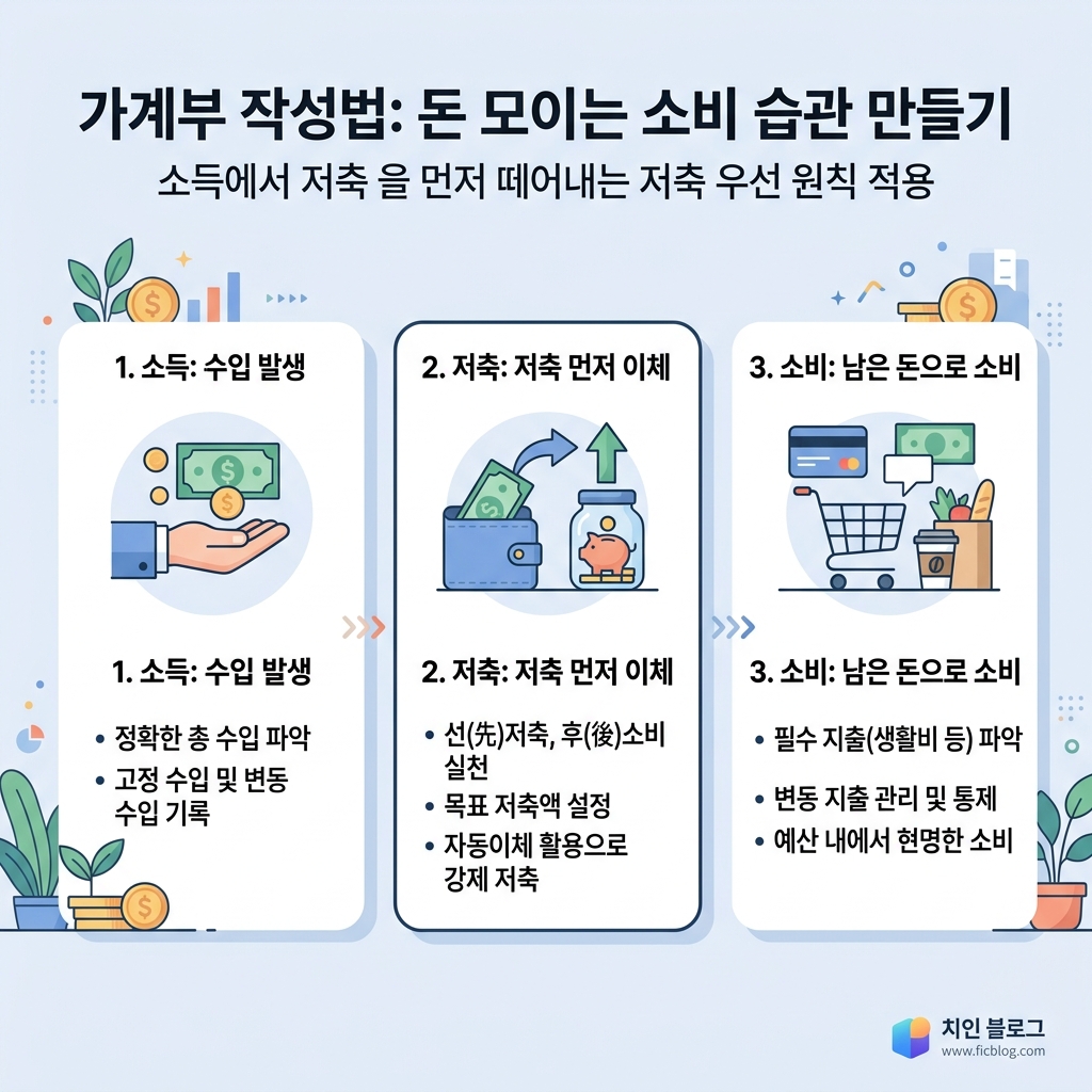 가계부 작성을 시작하는 네 단계 절차를 순서대로 정리한 도식