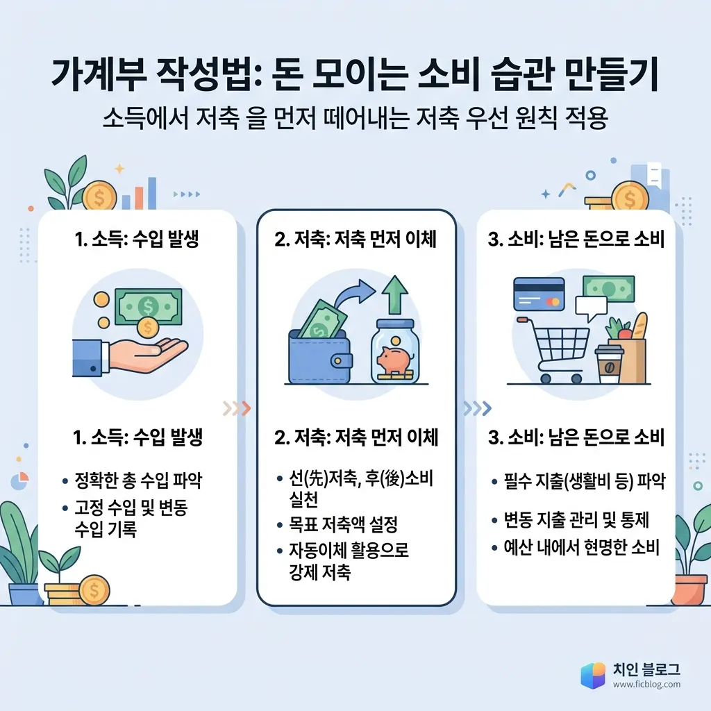 가계부 작성을 시작하는 네 단계 절차를 순서대로 정리한 도식