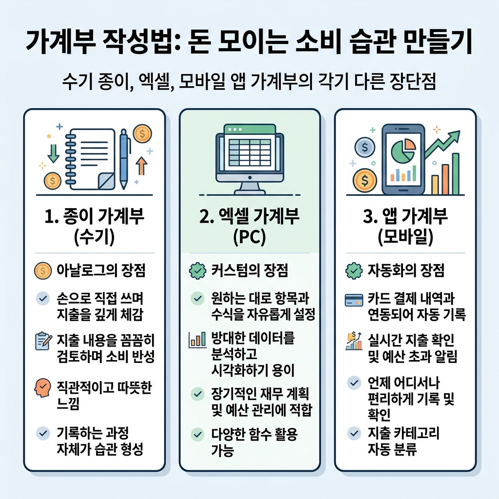 가계부로 파악한 소비 패턴을 바꾸는 습관 개선 흐름을 정리한 도식