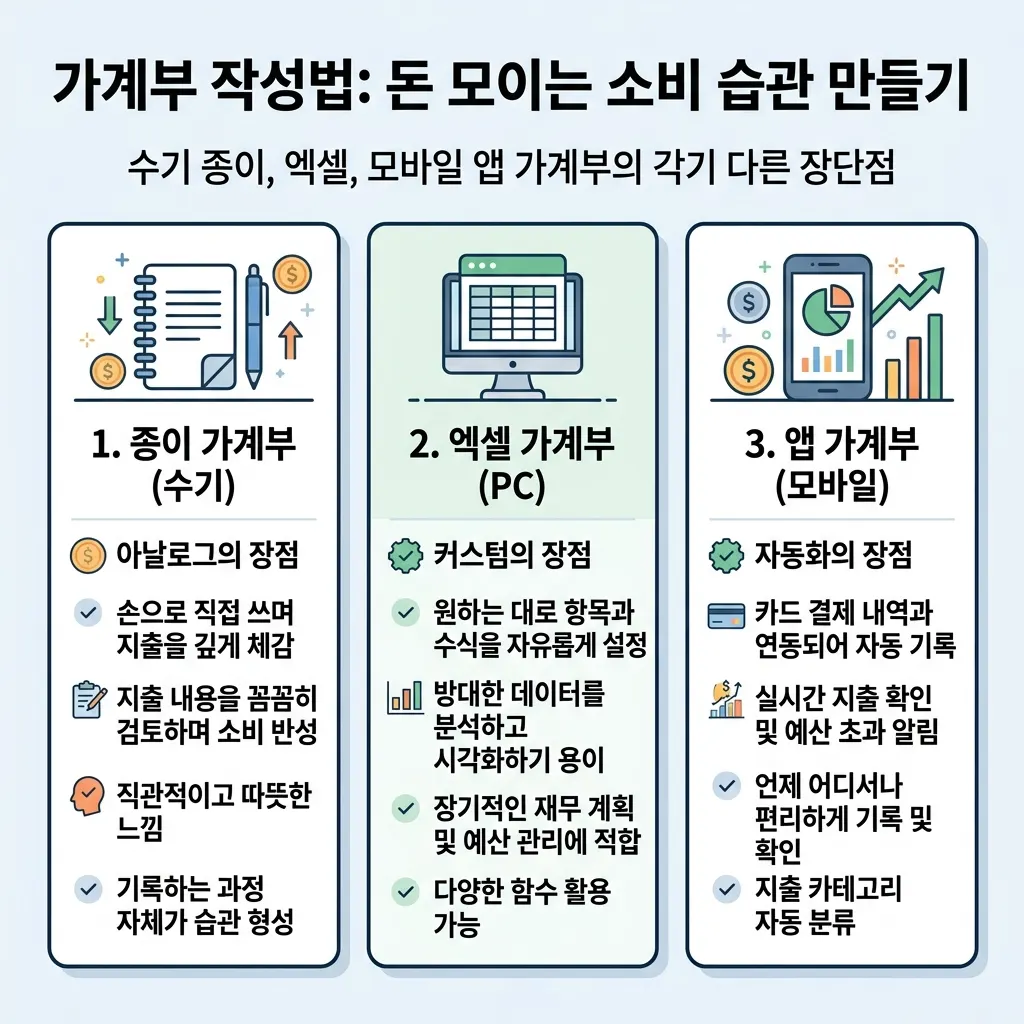 가계부로 파악한 소비 패턴을 바꾸는 습관 개선 흐름을 정리한 도식