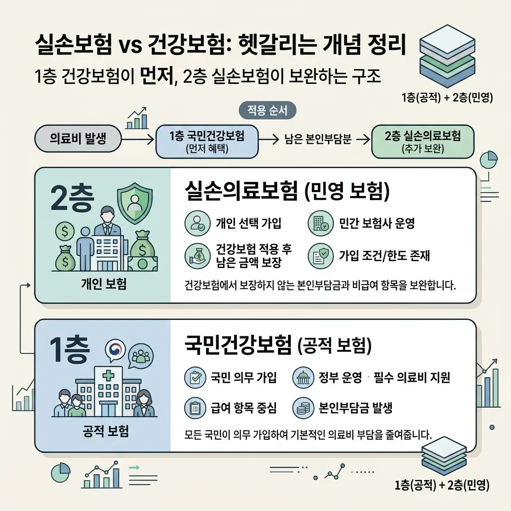 국민건강보험과 실손의료보험의 1층 2층 보장 구조 도식