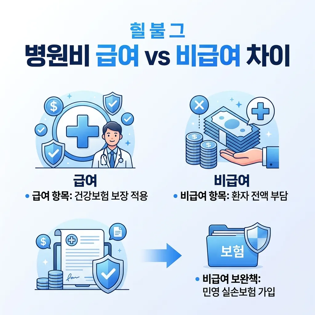 급여 항목과 비급여 항목을 건강보험과 실손보험이 각각 어디까지 보장하는지 구분한 표