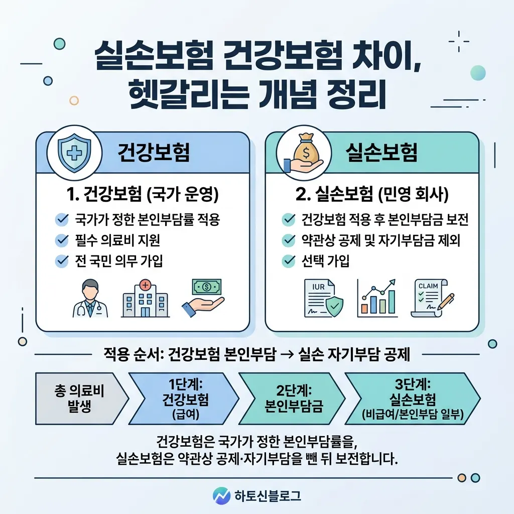 건강보험 본인부담률과 실손보험 자기부담 공제의 적용 순서를 단계로 표현한 도식