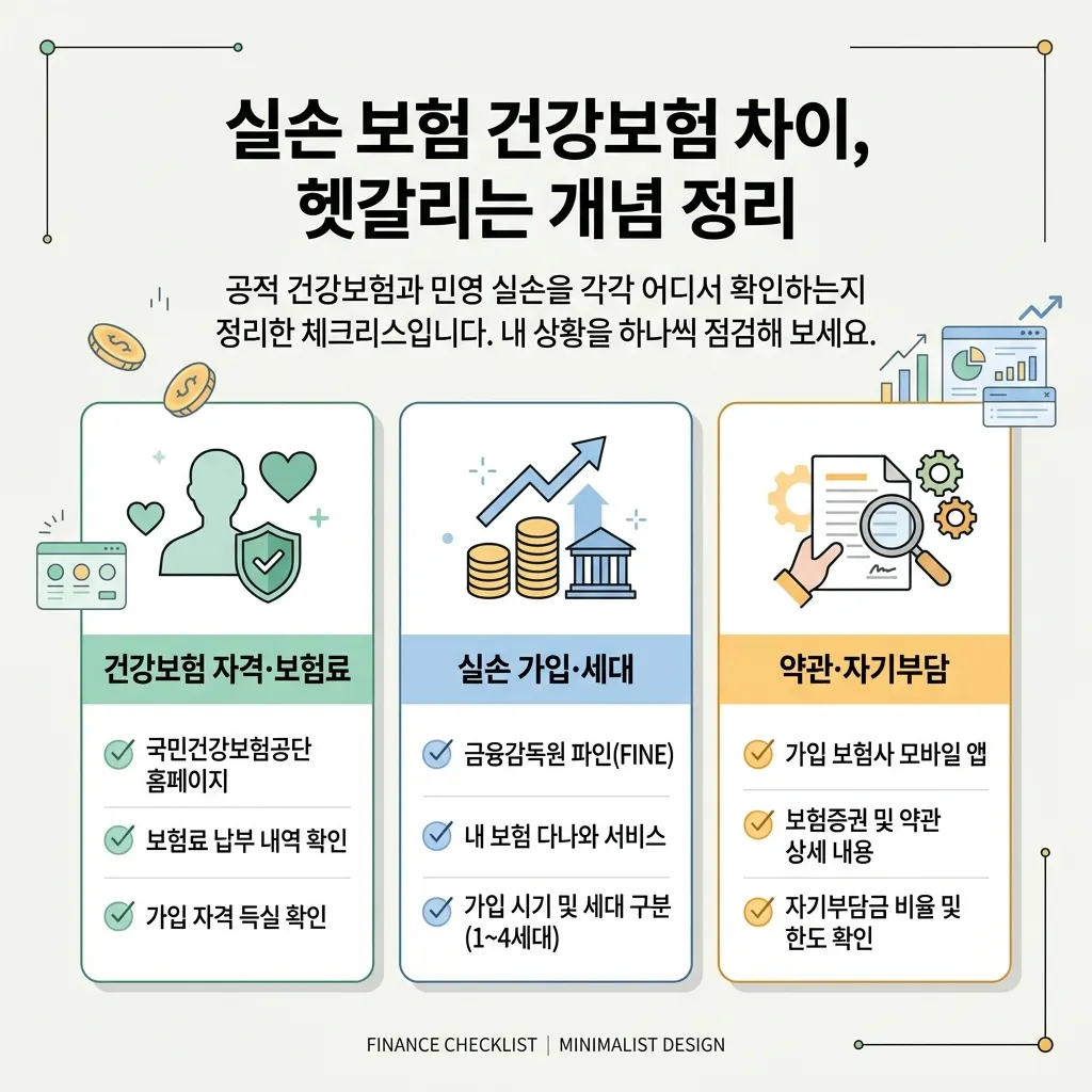건강보험 자격과 실손보험 가입 내역을 확인하는 체크리스트 도식