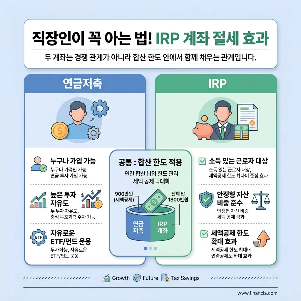 IRP와 연금저축의 가입대상과 투자 제약 차이를 비교한 도식